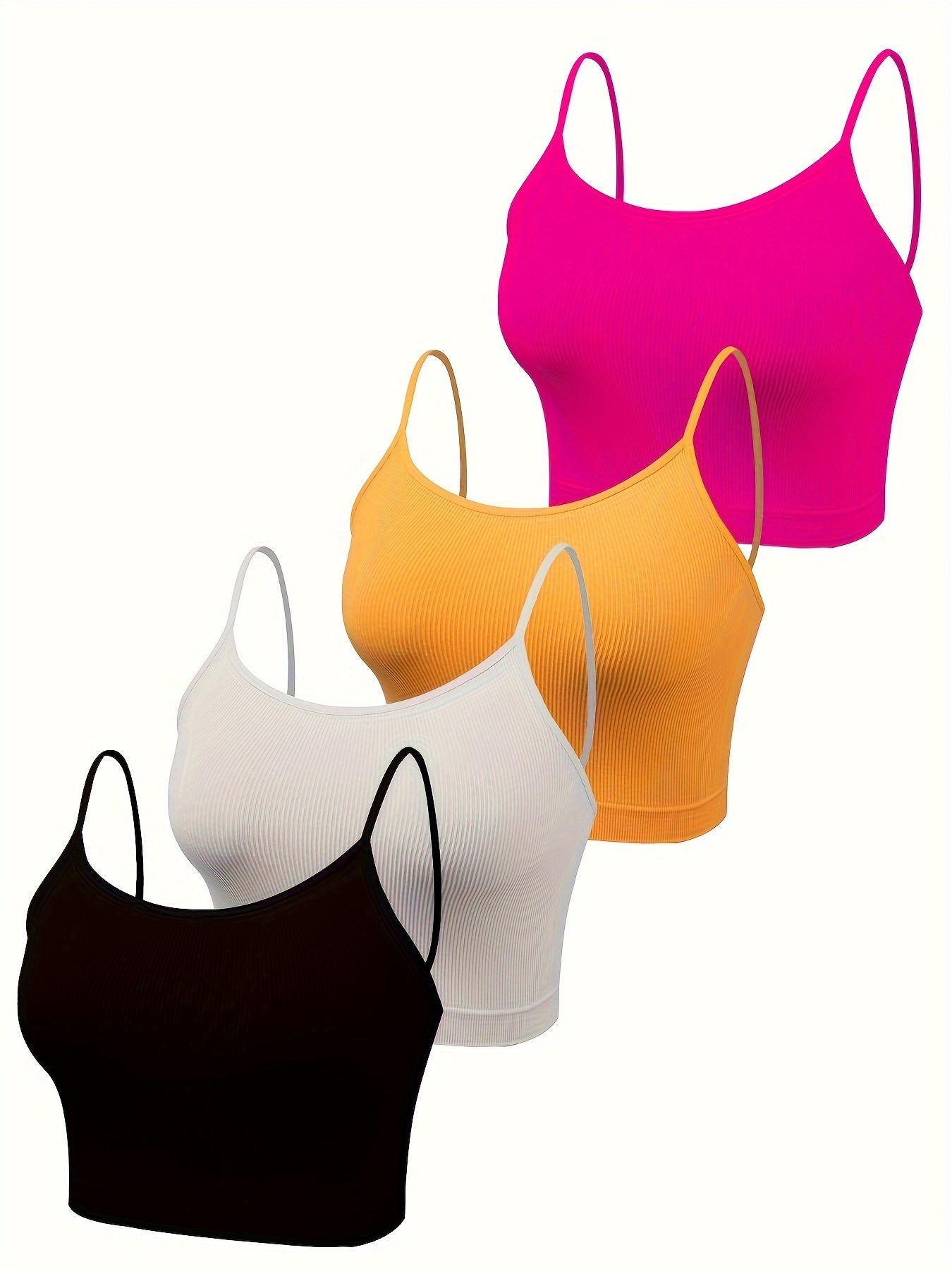 4 seamless camisole tank bras in vibrant and neutral colors made from a stretchy nylon blend are perfect for sports and leisure. They are machine washable and feature a no-pad design for