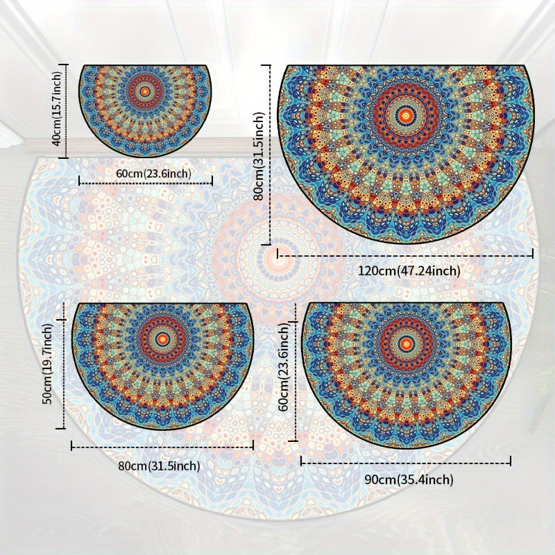 Mandala Flower Half Round Doormat - Non-slip, Machine Washable Polyester - Indoor/Outdoor Bedroom Hallway Patio Entryway Carpet - Photo Prop Gift Available in Various Sizes: 15x23, 19x31, 23x35, 31x47 inches.