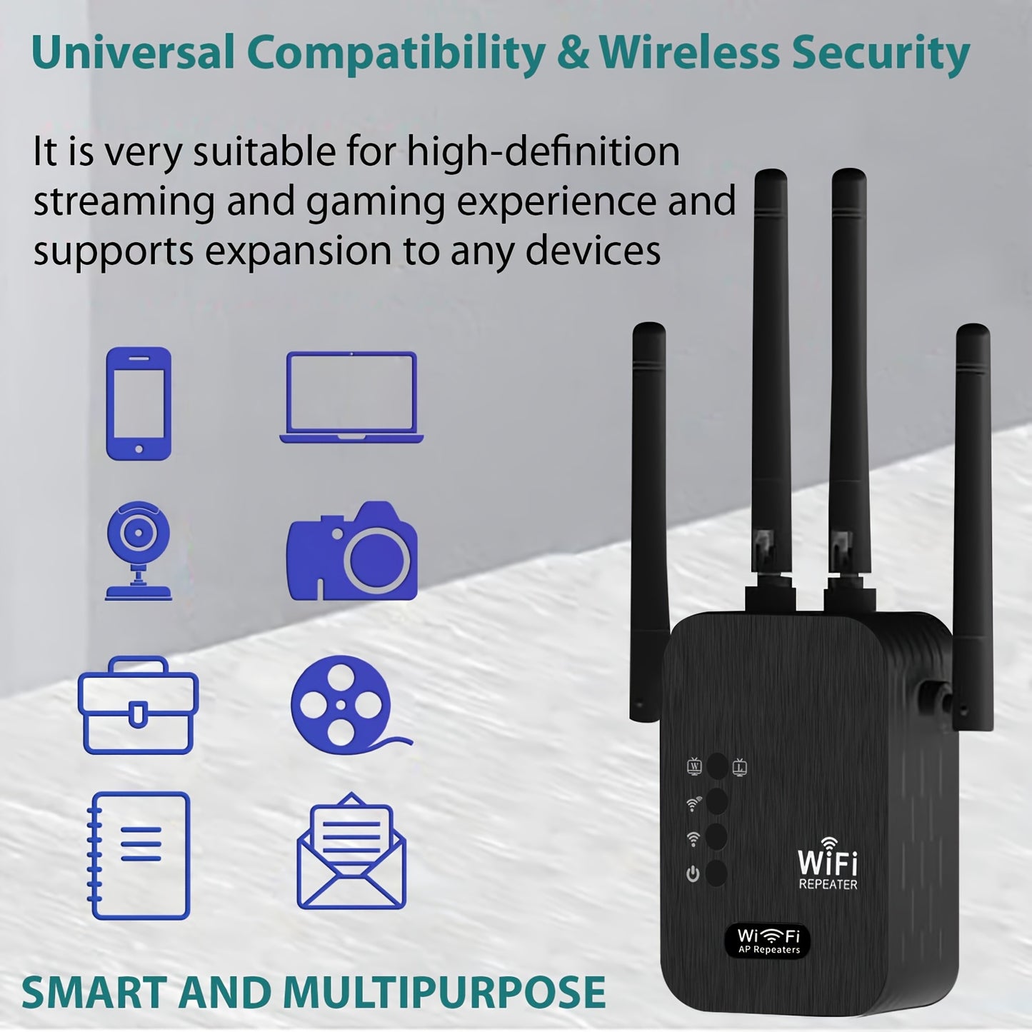 2024 WiFi Booster: 6x stronger, 1200Mbps, dual bands, up to 8500 sq ft, strong signal, 35 device support, easy setup, full coverage with 4 antennas, includes Ethernet port.