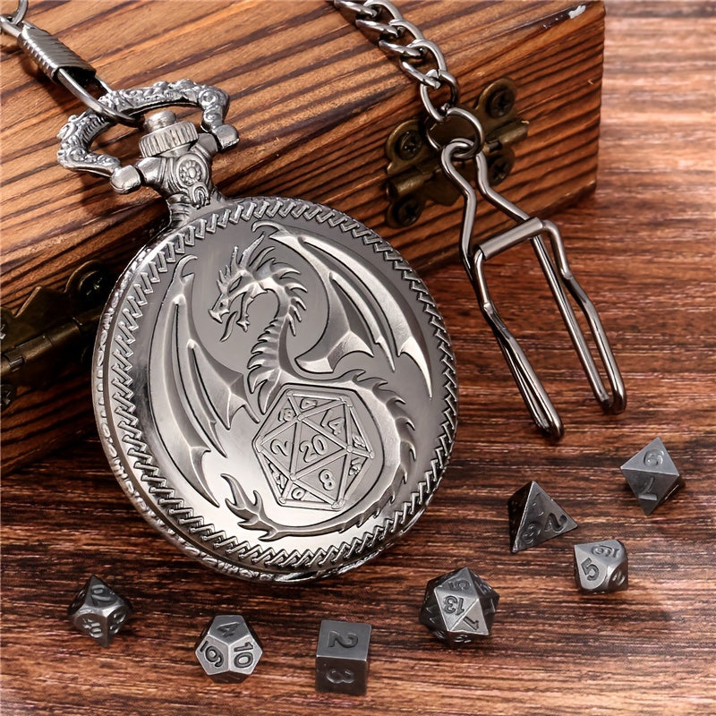 Vintage Dragon Alloy Pocket Watch with Chain and 7-Piece Dice Set - Perfect for Role-Playing Games