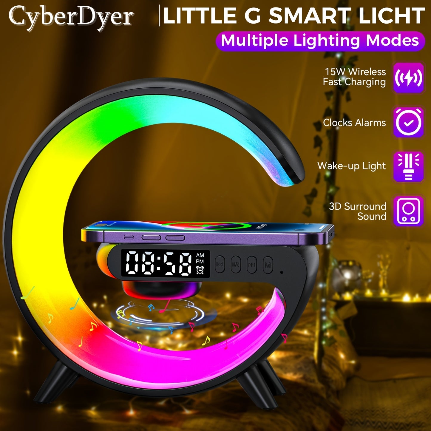 CyberDyer Smart Table Light with Sunrise Alarm Clock, Night Light Charging Station, Wireless Speaker, and Desktop Decoration Atmosphere Lamp - a perfect gift for any occasion.