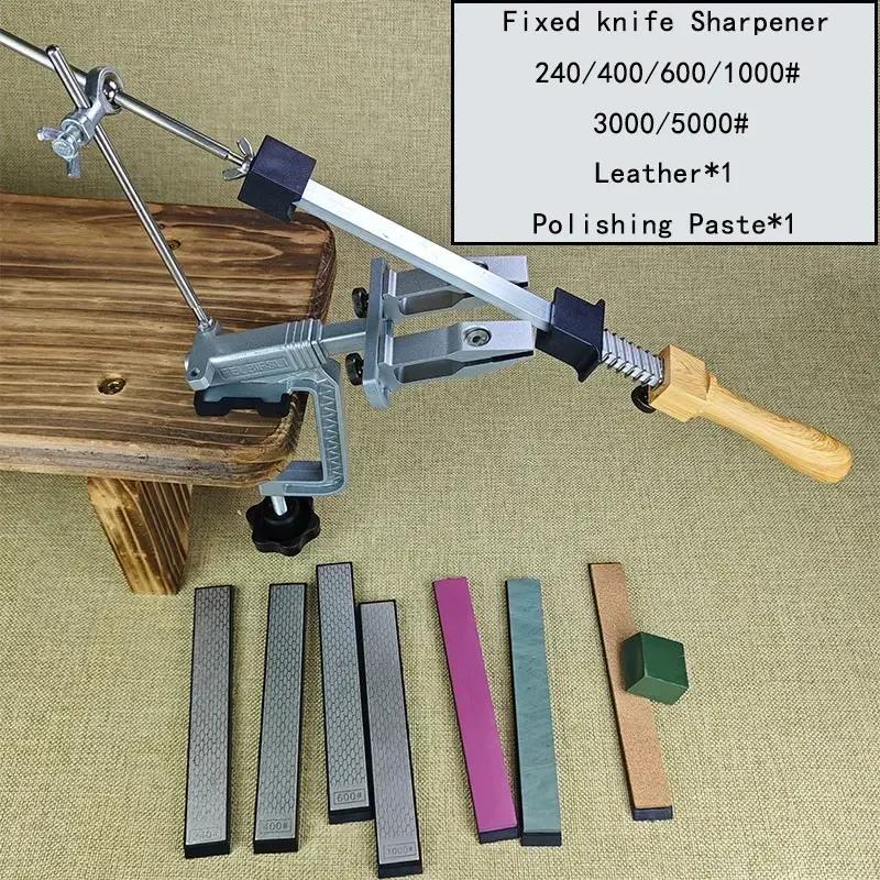 Manual kitchen sharpener with angle fixation, metal construction, uncharged, and emery grit whetstone set.