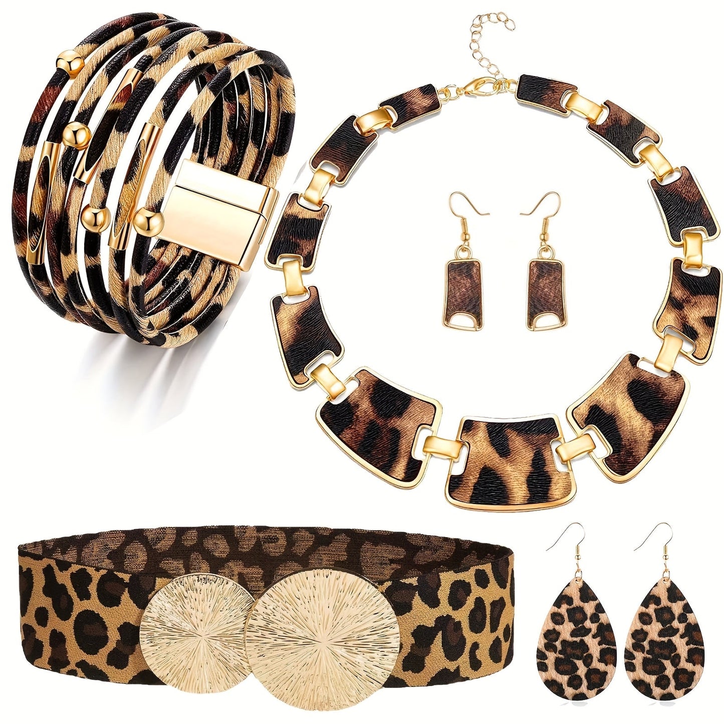 Set of 5 Leopard Print Jewelry Pieces for Women - Stylish Plastic Accessories with Tassel Necklace, Earrings, Bracelet, Clutch Purse - Perfect for Everyday and Travel Outfits