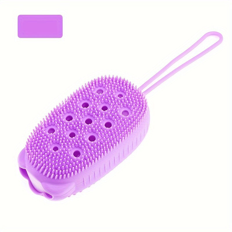 Silicone body scrubber for exfoliating and cleaning in the shower.