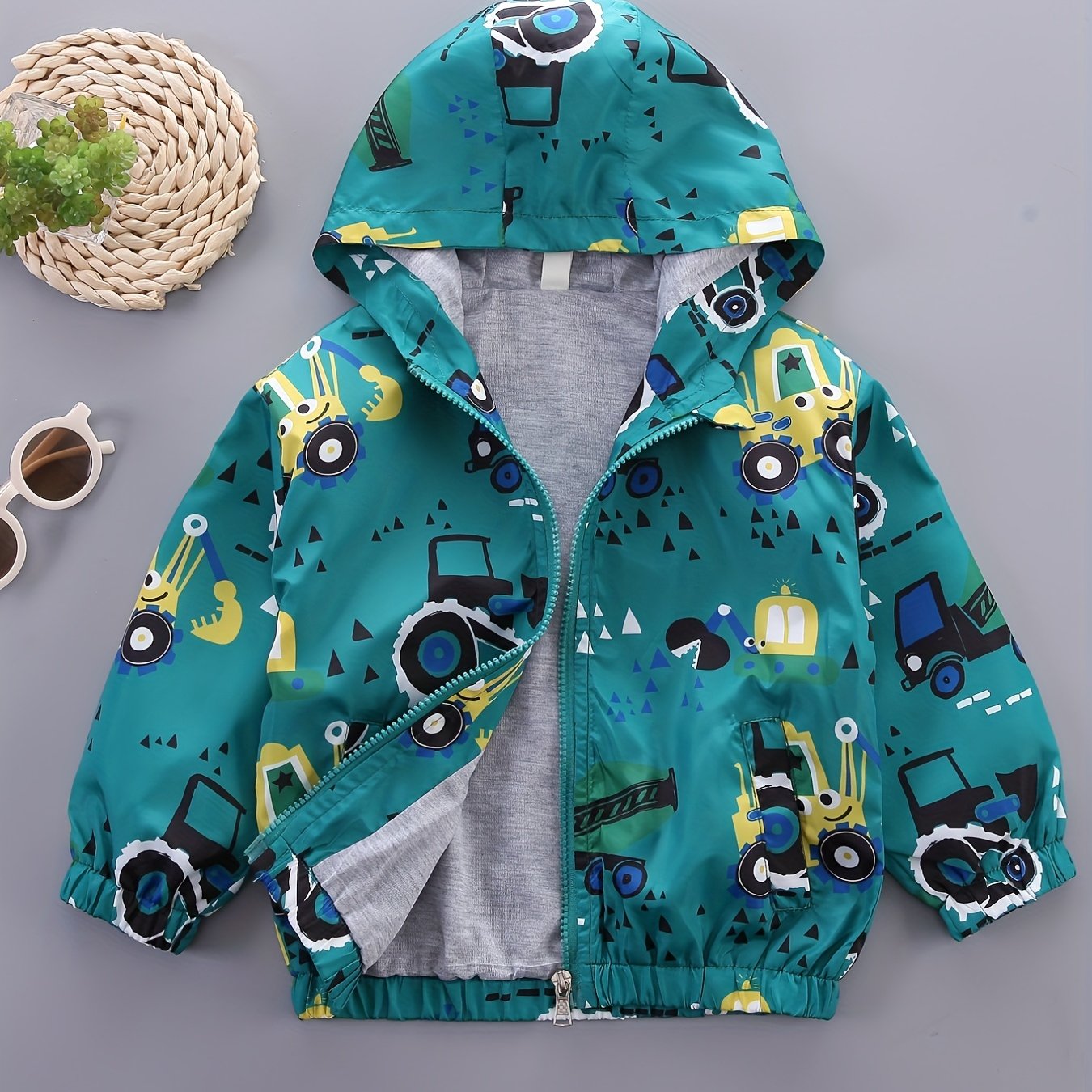 Gray Excavator Print Kids Hooded Jacket for Girls and Boys