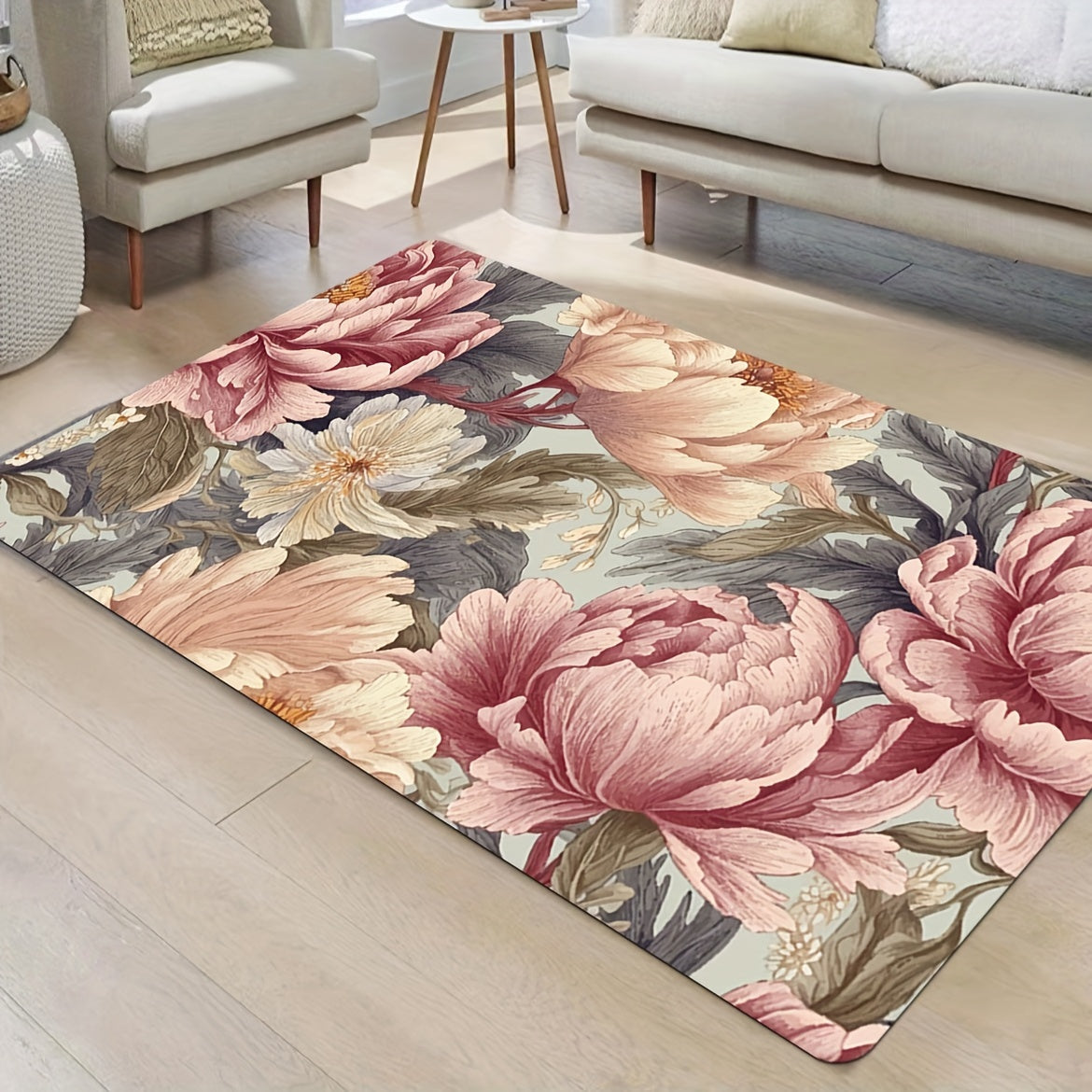 Elegant, plush floral area rug measuring 8mm in thickness. Ideal for use in the living room, bedroom, kitchen, and bathroom. Made of soft and machine washable polyester material, perfect for adding a touch of luxury to any space.