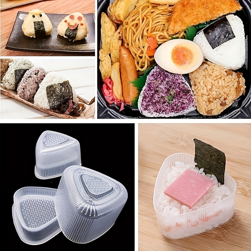 Clear plastic sushi mold with lid for making triangle-shaped rice balls at home or in restaurants. Suitable for beginners and professionals in sushi making.