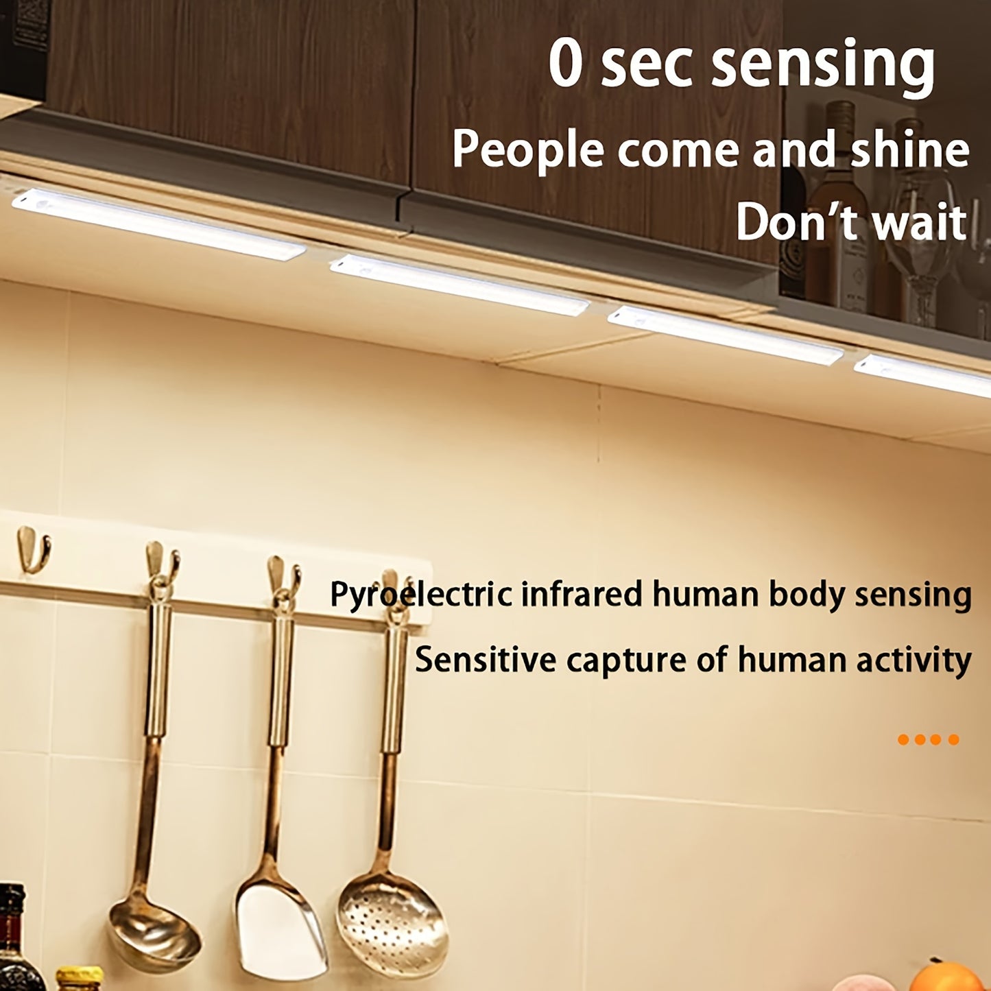 Ultra-thin LED light strip with human body sensing, multi-mode switching, wall-mounted design, and rechargeable lithium battery. Ideal for kitchen, wardrobe, bedroom, wine cabinet.