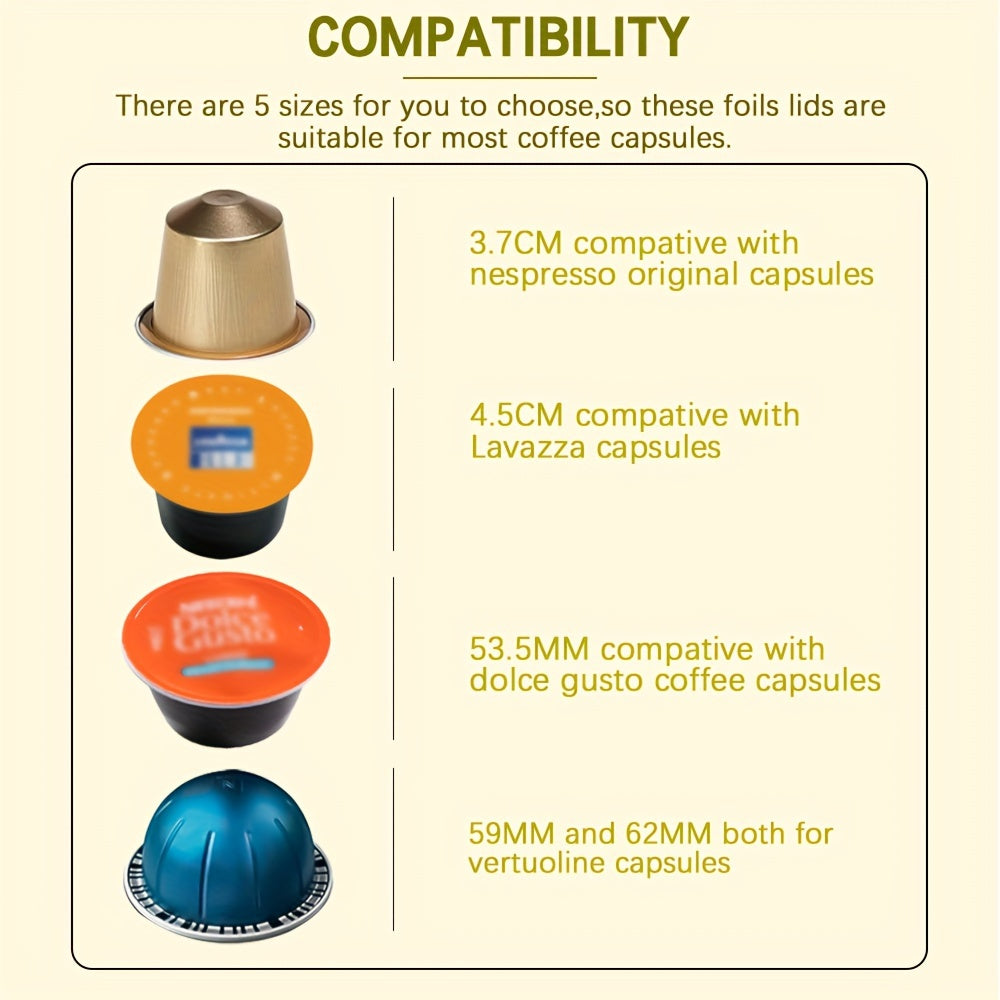 Aluminiy Folga Qopqog'i 1 Paketda: 3.7sm, 4.5sm, 5.35sm, 5.9sm va 6.2sm O'lchamlari - Turli Kofe Kapsul O'lchamlari uchun Qayta Ishlatiladigan Kofe Pod Qopqog'lari