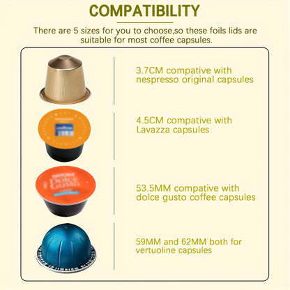 Aluminiy Folga Qopqog'i 1 Paketda: 3.7sm, 4.5sm, 5.35sm, 5.9sm va 6.2sm O'lchamlari - Turli Kofe Kapsul O'lchamlari uchun Qayta Ishlatiladigan Kofe Pod Qopqog'lari