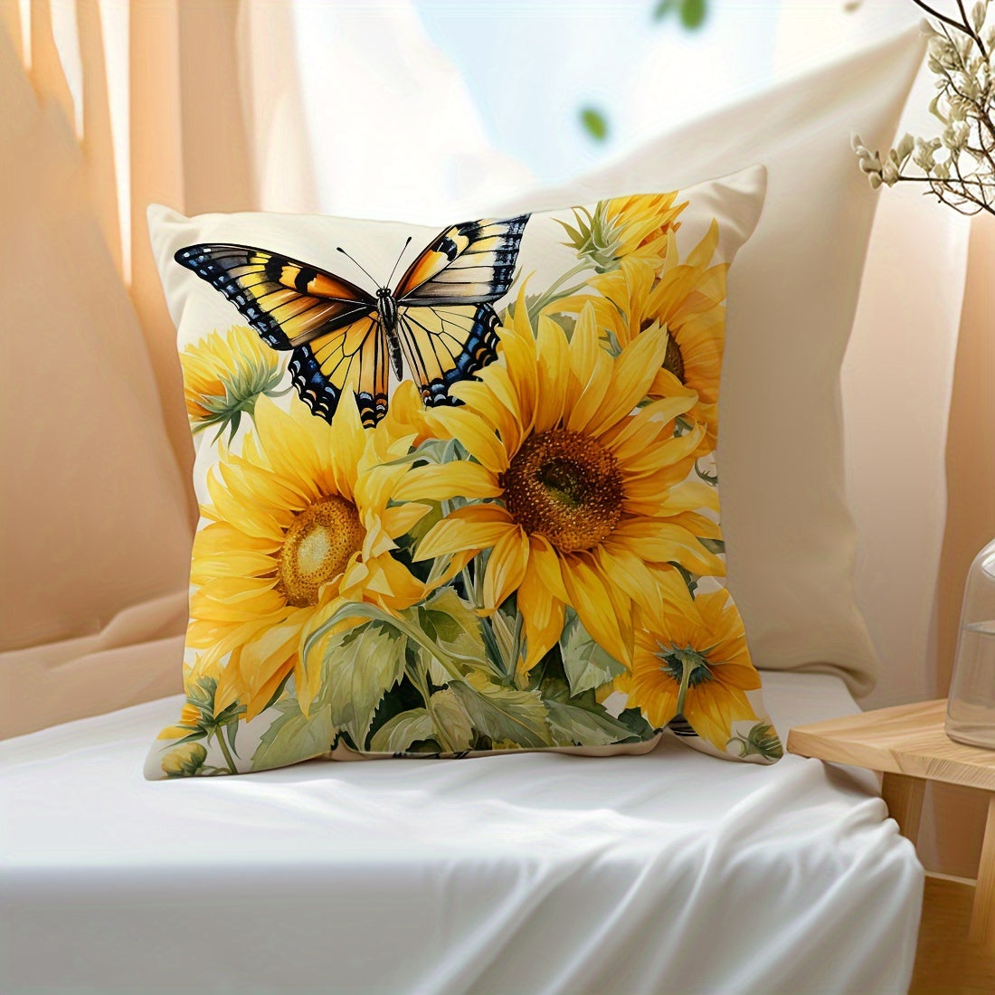 One piece of Sunflower Butterfly Design throw pillow cover made of Peach Skin Velvet material, measuring 45x45cm. Perfect for decorating your car, living room sofa, bedroom, or bedside backrest. Features a single side print design. Pillow inner not