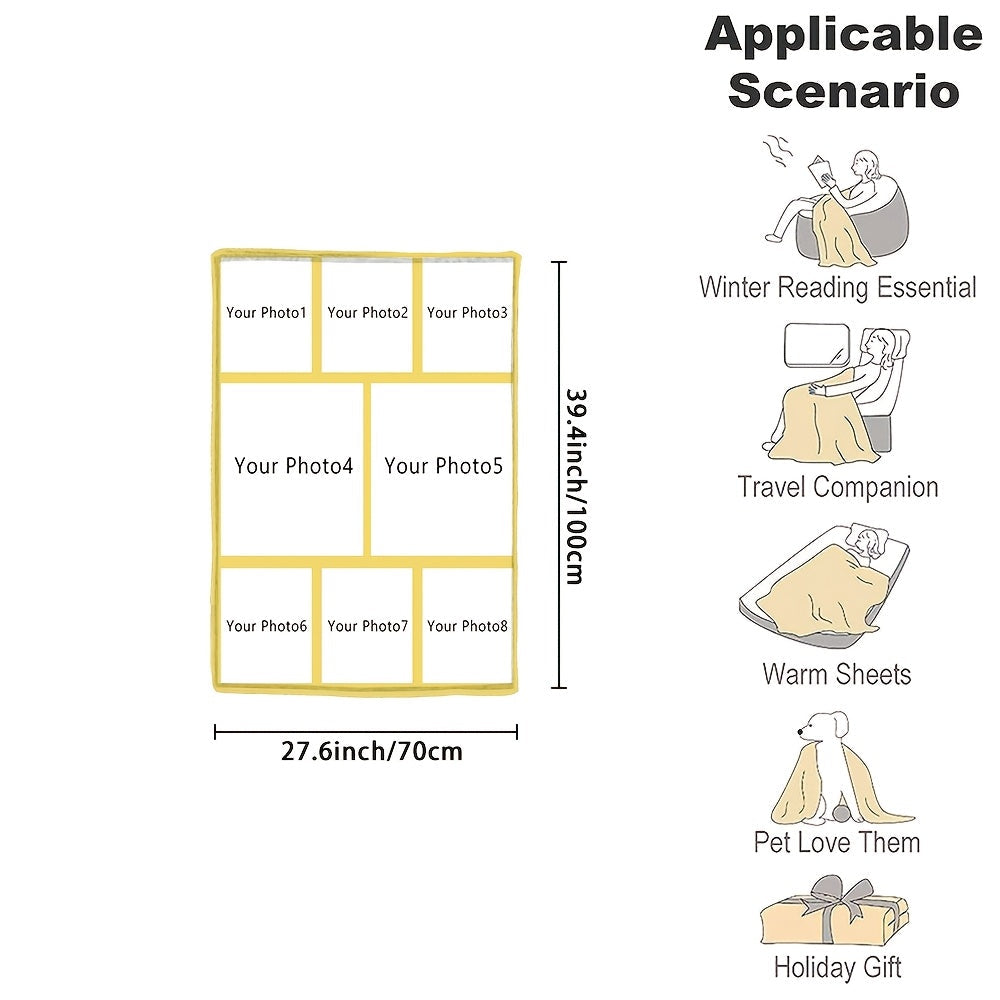 Customize your cozy flannel blanket with a personal photo! This soft and warm memory blanket is perfect for couples or families and is ideal for use in the office, bed, sofa, armchair, napping, camping, or travel. The machine washable blanket features a