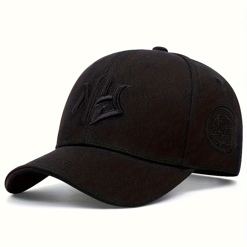 Men's embroidered trucker cap made of 100% polyester with alphabet pattern. Features adjustable fit and soft stretch fabric filled with polyester fiber.