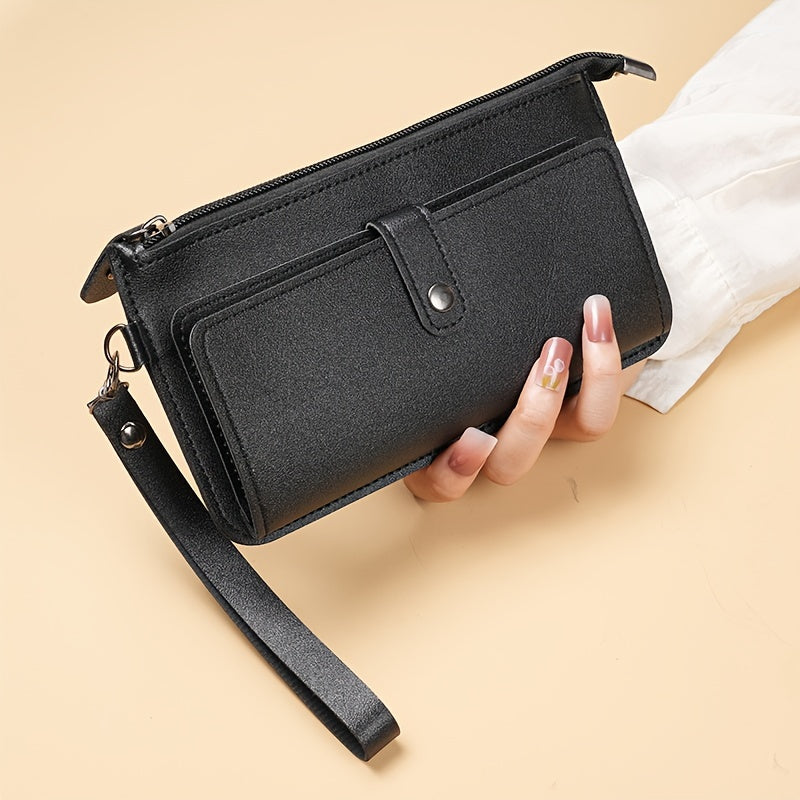 Casual women's wallet with large capacity, zippered coin purse, card slots, and wristlet clutch in faux leather.