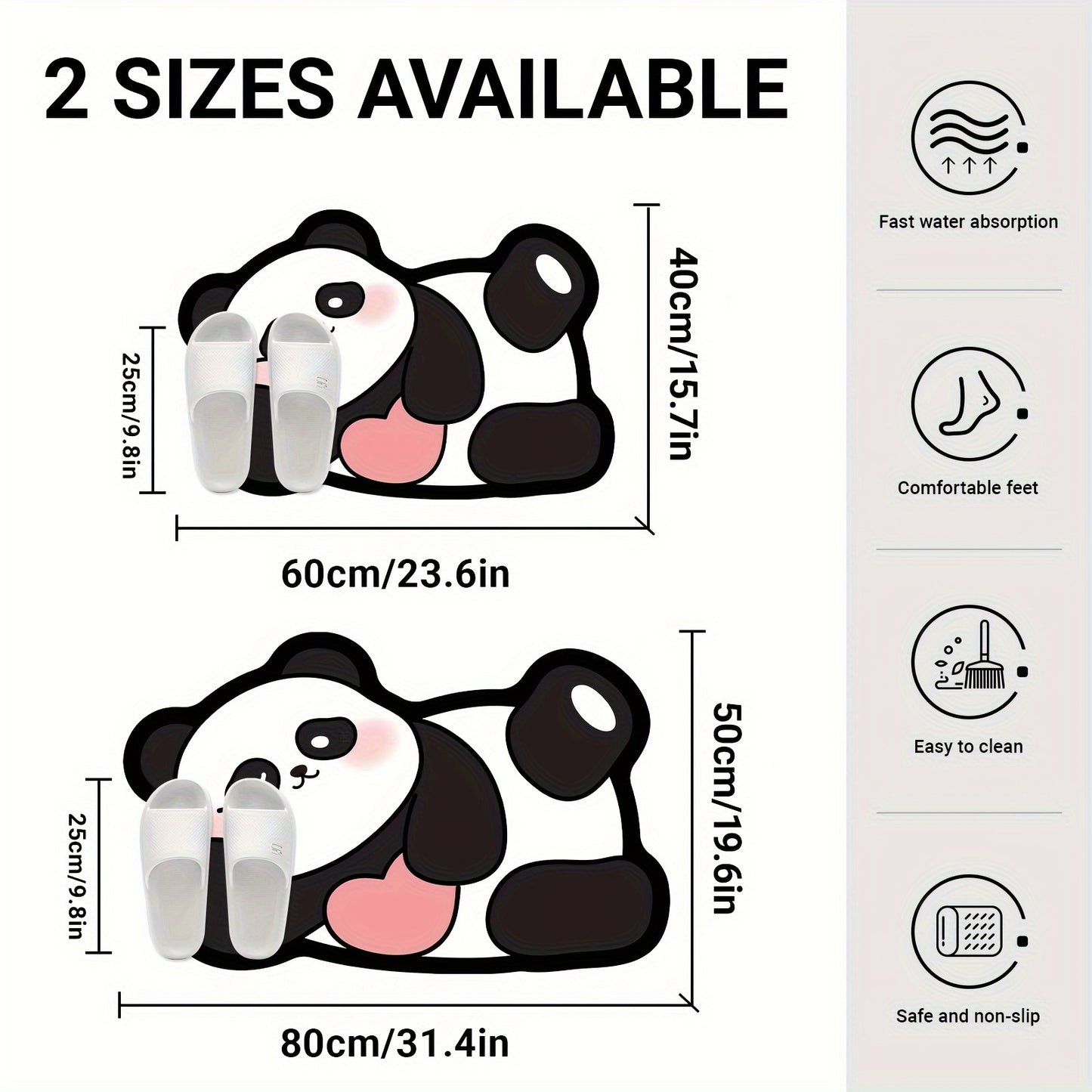 Super absorbent bath mat with cute panda print, non-slip and quick-drying, ideal for bathroom or outdoor use.