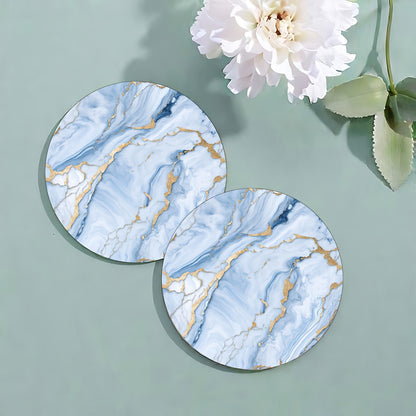 6 golden marbled coasters with absorbent rubber and non-slip backing, perfect for home decor or as a housewarming gift, each 10.16 cm in diameter.