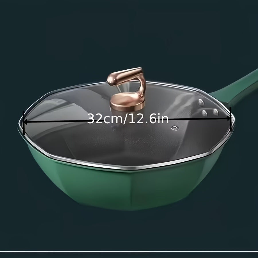 Octagon-shaped cast iron skillet with non-stick coating, ideal for use on gas and induction cooktops. Smokeless and versatile, perfect for all your frying needs.