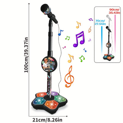 Portable LED karaoke microphone toy with adjustable stand for kids ages 3-6. Ideal for birthday parties and concert gifts.