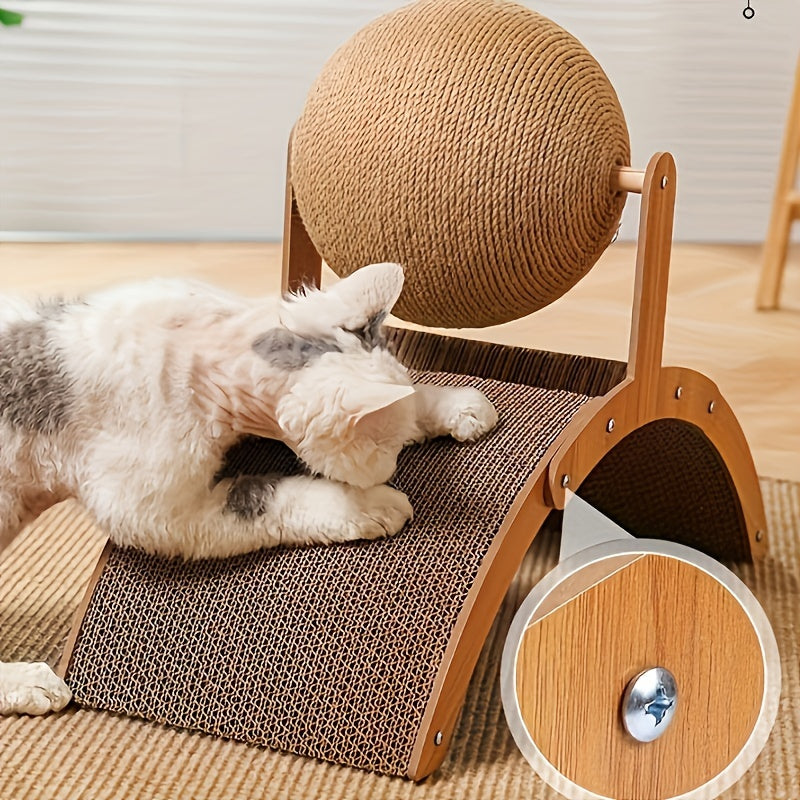 Wooden cat scratching ball with corrugated paper base - durable vertical claw grinding toy for cats.