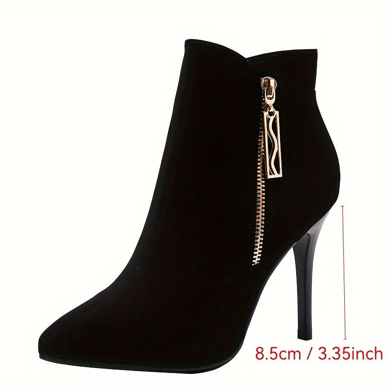 Stylish black high-heel ankle boots with pointed toe and stiletto heel, featuring a flannel upper and side zipper closure. Perfect for parties, weddings, and everyday wear in the fall