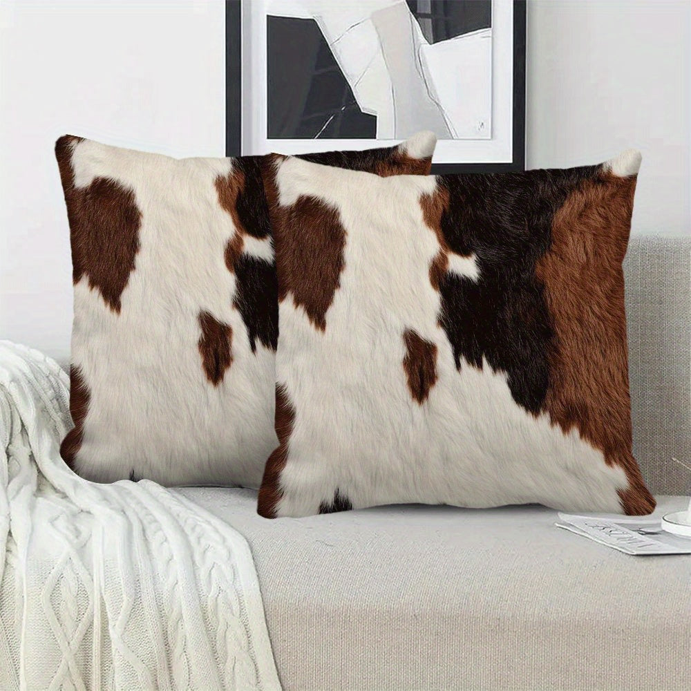 Set of 2 Modern Farmhouse Cowhide Print Pillow Covers, 45.72x45.72 cm, Made from Flannel Fabric, Easy to Clean in the Washing Machine, Stylish Decorative Throw Pillow Cases with Zipper Closure for Sofa and Bedroom, Provides Comfort All Year Round