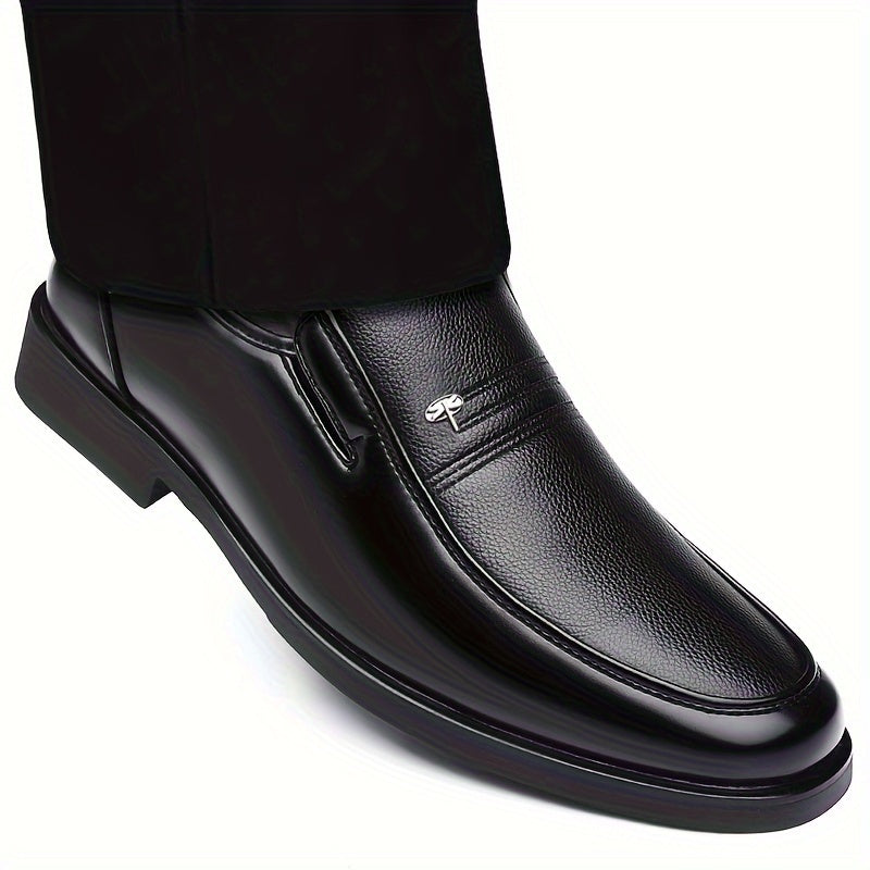 Men's Genuine Leather Loafers in sleek black for business or casual wear. Round toe, rubber sole, smooth leather upper. Perfect for office or outdoor events. Stylish slip-on with durable