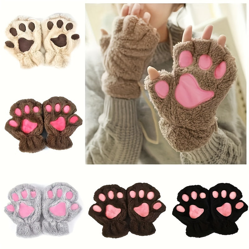 Warm, cute and cozy Kawaii Cat Paw Plush Gloves for women, perfect for keeping your hands warm in Autumn and Winter. Made of thickened, soft fleece material with half fingers design to keep you comfortable and coldproof.