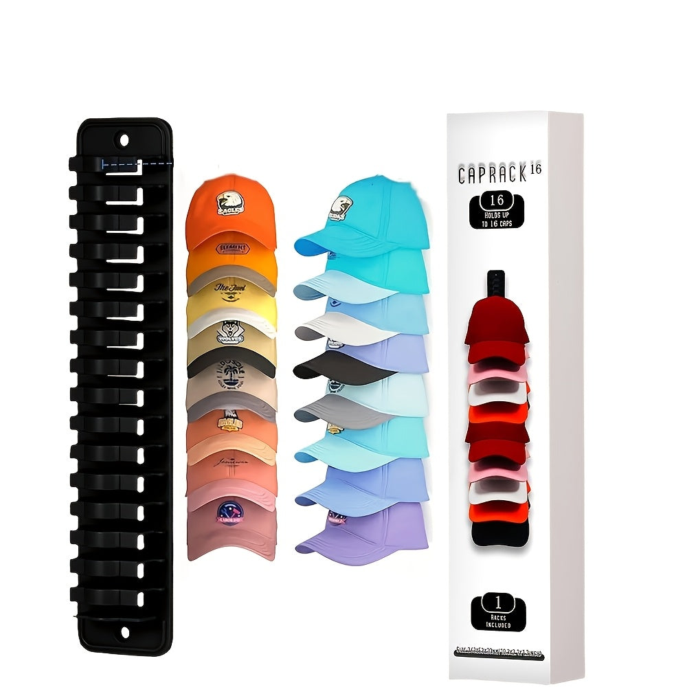 Black Plastic Hat Organizer with Wall Mount for Baseball Caps - No-Drill Storage Rack with Adhesive Hooks for Easy Hanging of Duckbill Caps