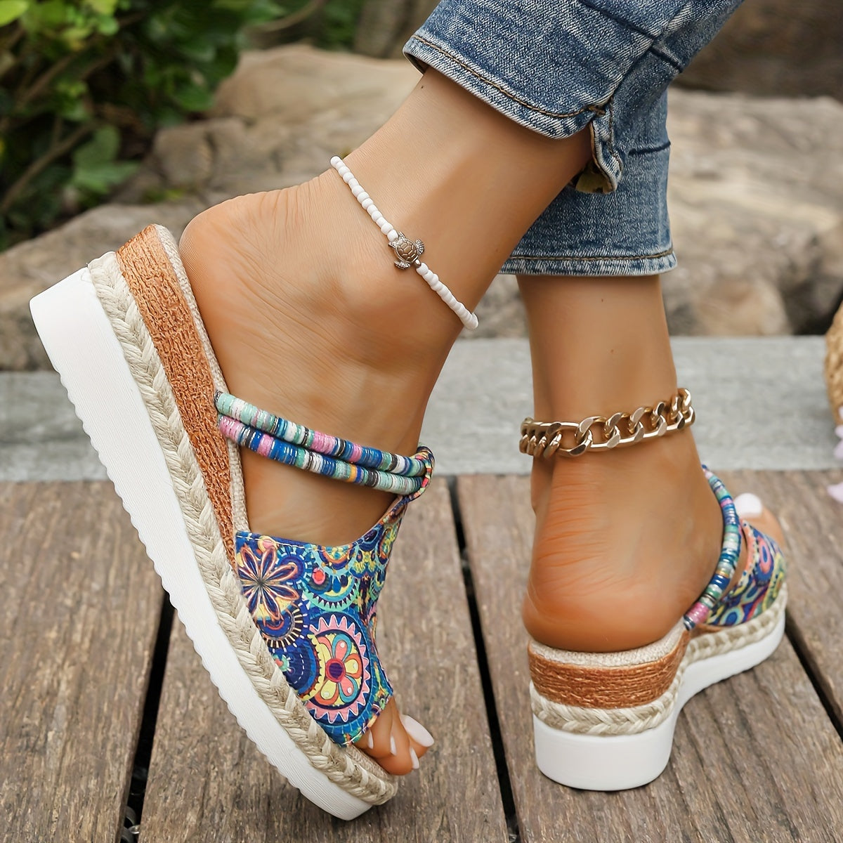 Women's Mandala Print Platform Sandals with Comfort Wedge Beach Slides.