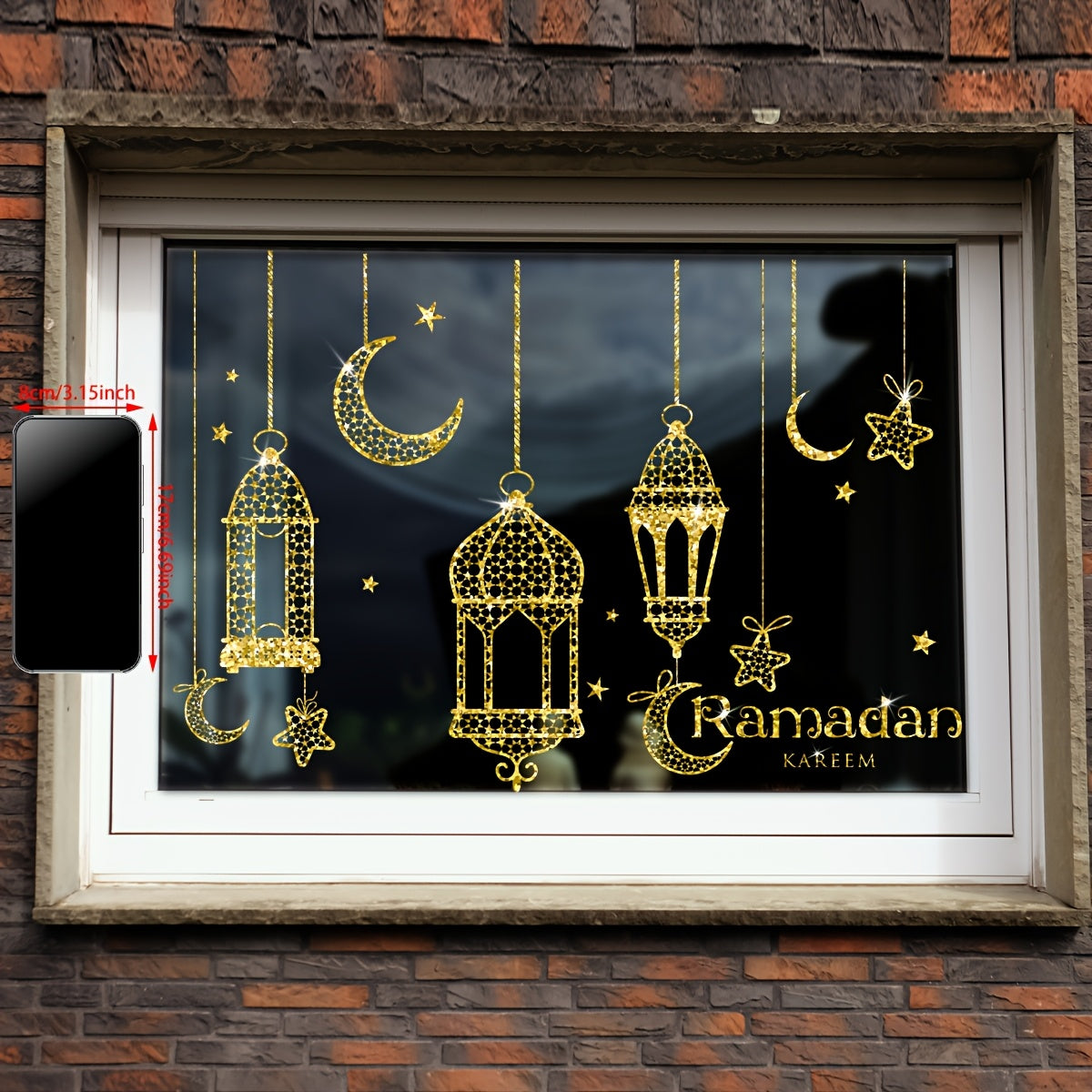 Ramadan Moon Lantern Window Clings Set of 2, Each Measuring 20x30cm, Featuring Double-Sided Static Cling PVC Decals in Contemporary Style. Reusable and 5mil Thickness, Perfect for Ramadan Decor and Window Display.