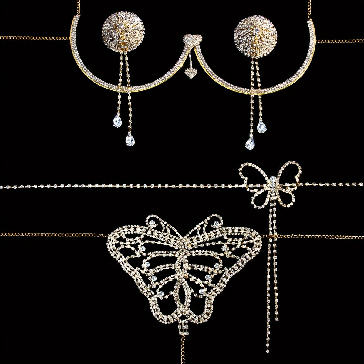 Collection of four pieces of women's alluring and glamorous rhinestone-embellished bikini thong body chain set