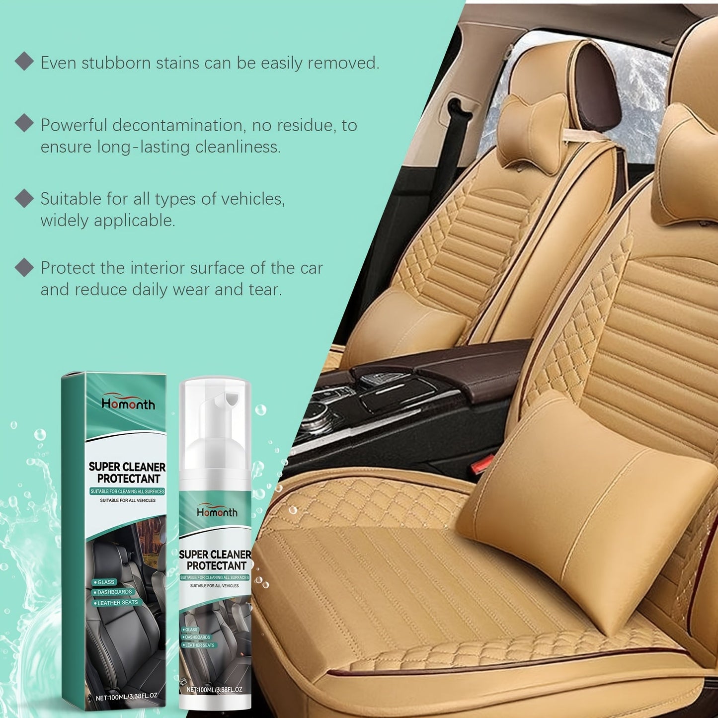 Keep your car seats spotless with the 1L HOMONTH Multi-Purpose Car Seat Cleaner. This stain remover and dirt lifter is specially formulated with sodium bicarbonate to be fade resistant, leaving no residue behind. Perfect for leather surfaces.