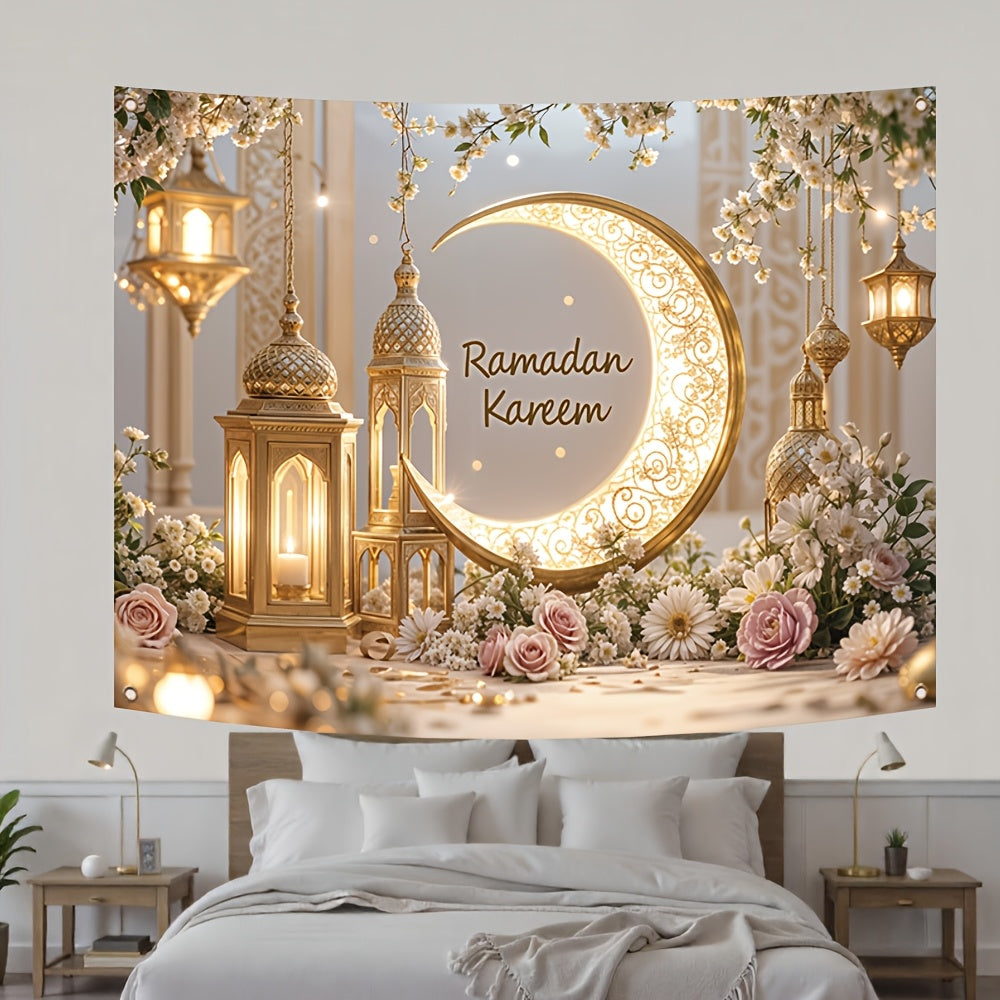 1pc Elegant Ramadan Mural Banner, Polyester with Golden Crescent Moon and Lantern Design, Durable Wall Decor for Room and Party, Festive Home Decoration for New Year and Eid Al-Fitr