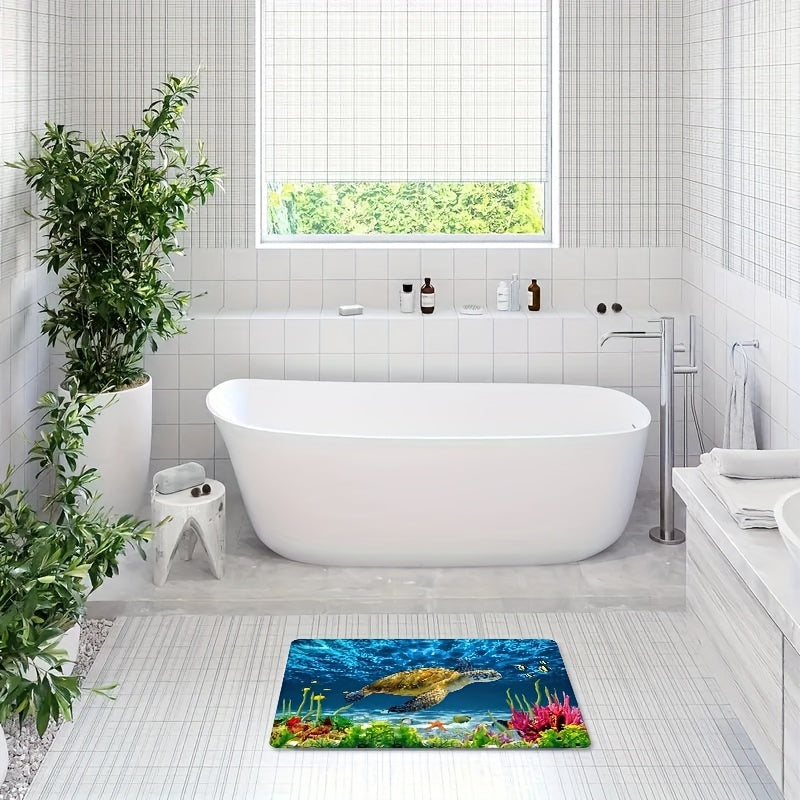 Soft Non-Slip Bath Rug featuring a Sea Turtle Pattern, Absorbent Carpet for Home Living Room Bathroom. Funny and Stylish Home Decor Accessory.