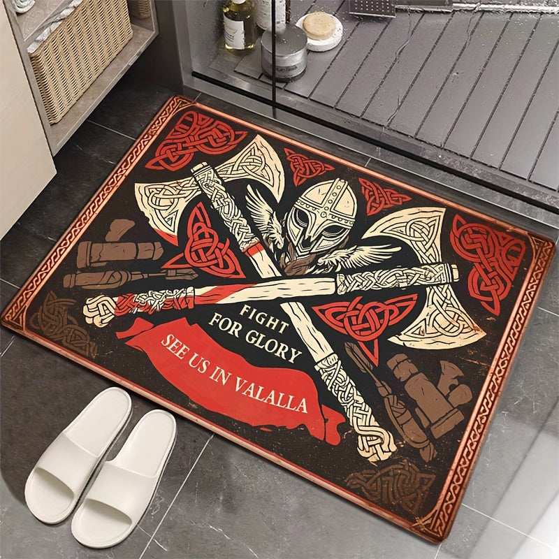 Flannel mat featuring retro Celtic axes print, 1 piece. Made of non-slip polyester material with a thickness of 1.2cm. Machine washable and fade resistant. Low pile design for soft absorption, suitable for bedroom, living room, or entryway decor.