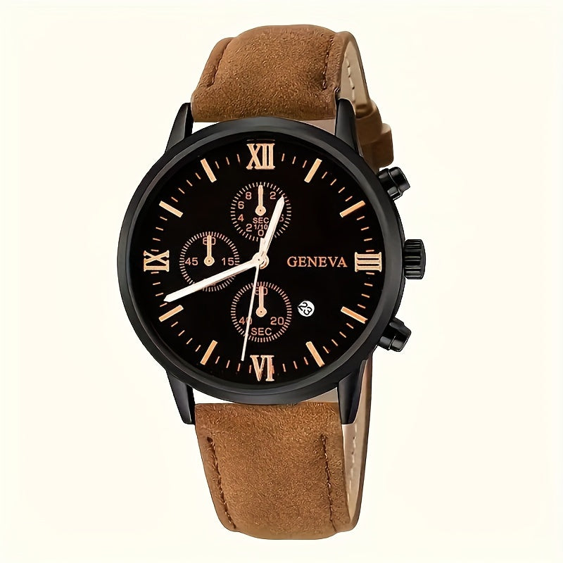 Elegant Men's Quartz Watch with Date Function - Timeless Circular Face, Synthetic Leather Band, Roman Numeral Dial, Ideal Present for Boyfriend/Father