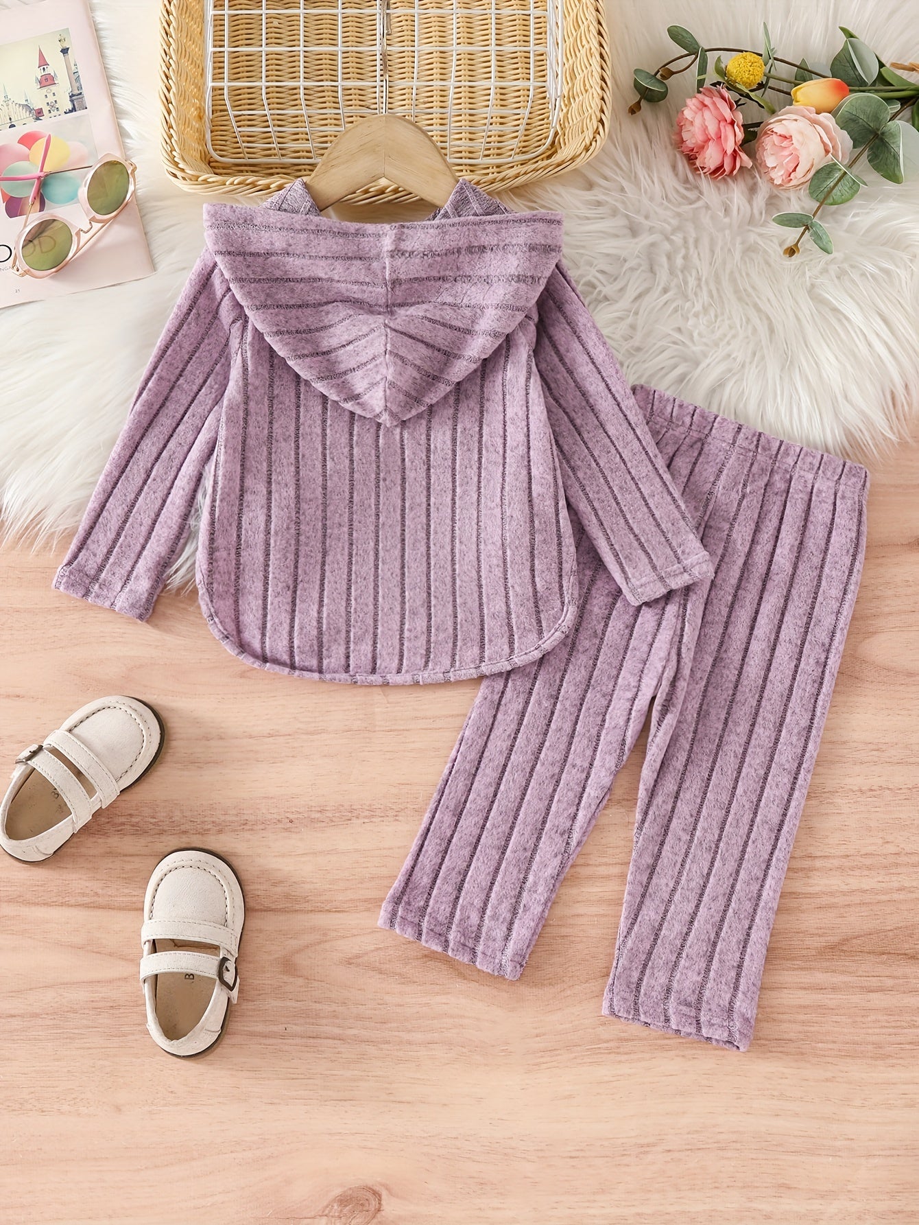 Cozy striped print outfit for baby girls, perfect for outdoor activities