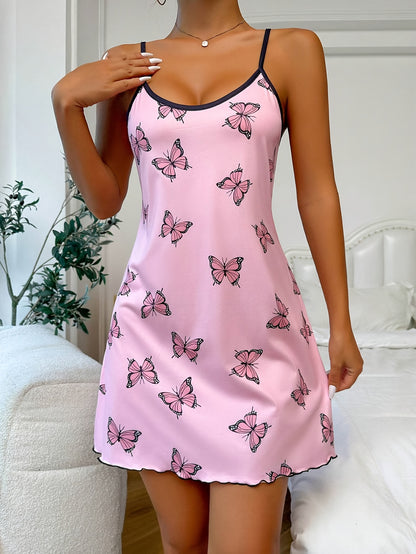 Casual butterfly print sleepwear dress with frill trim and round neckline, backless slip style for comfort.