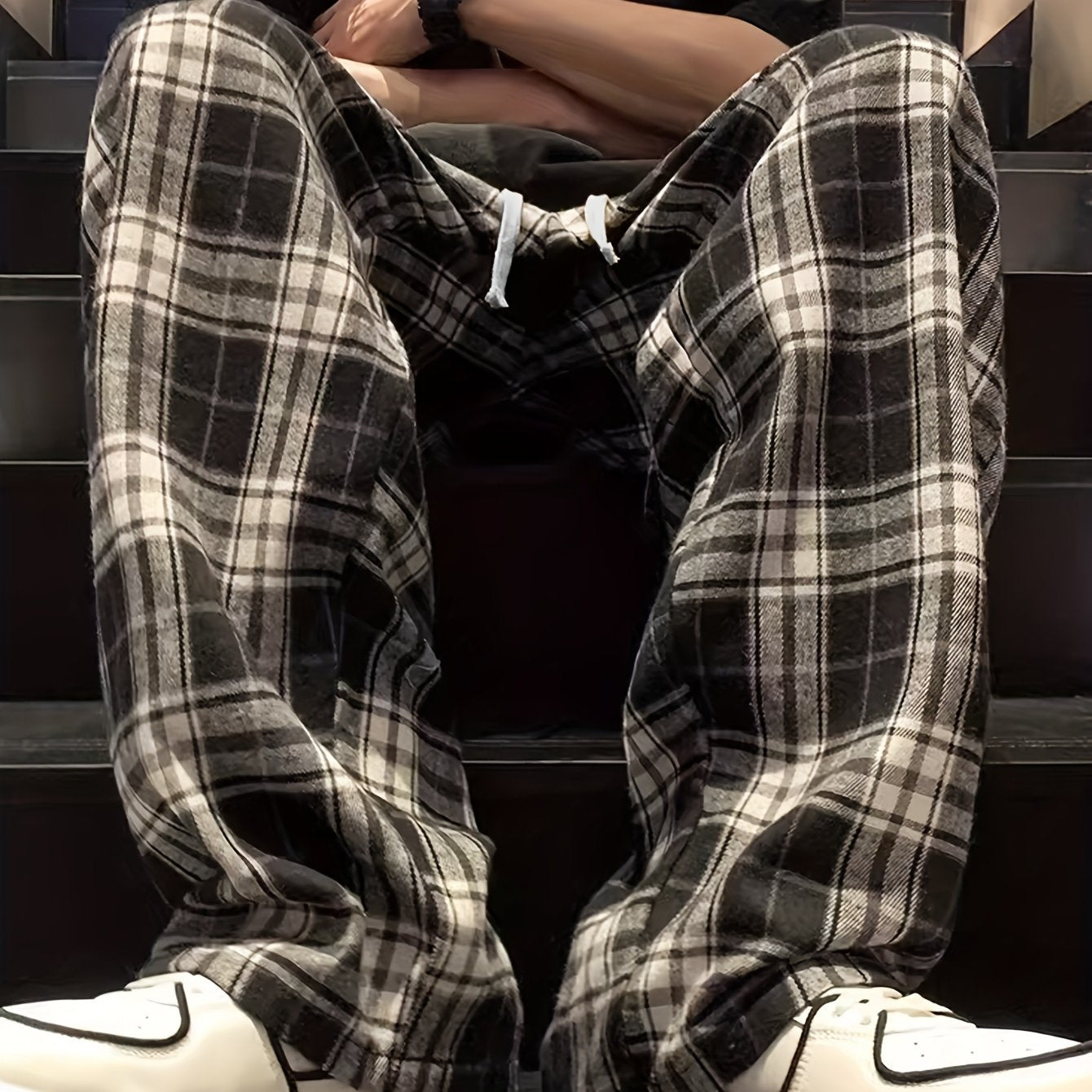 Men's casual plaid long pants with drawstring for casual wear.