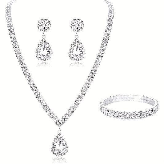 Elegant 4-piece Jewelry Set including Earrings, Necklace, Bracelet, and Inlaid Rhinestone for Perfect Evening Party Decor and Wedding Accessories.