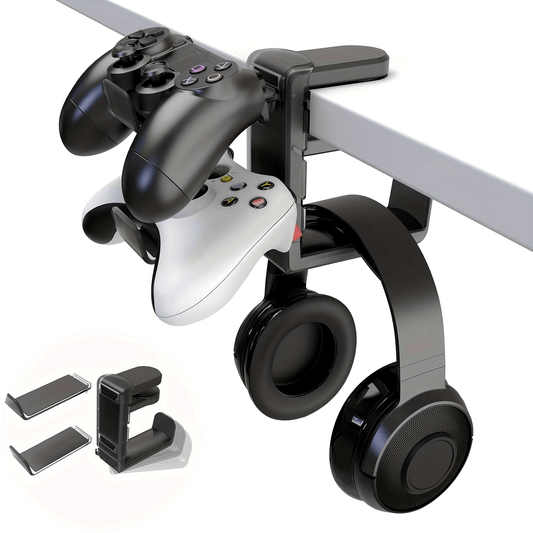 Black 3-in-1 Adjustable Gaming Headset and Controller Holder with Rotating Arm Clamp for PS5/Switch/Xbox. Features an Under Desk Stand and Cable Organizer Hook.