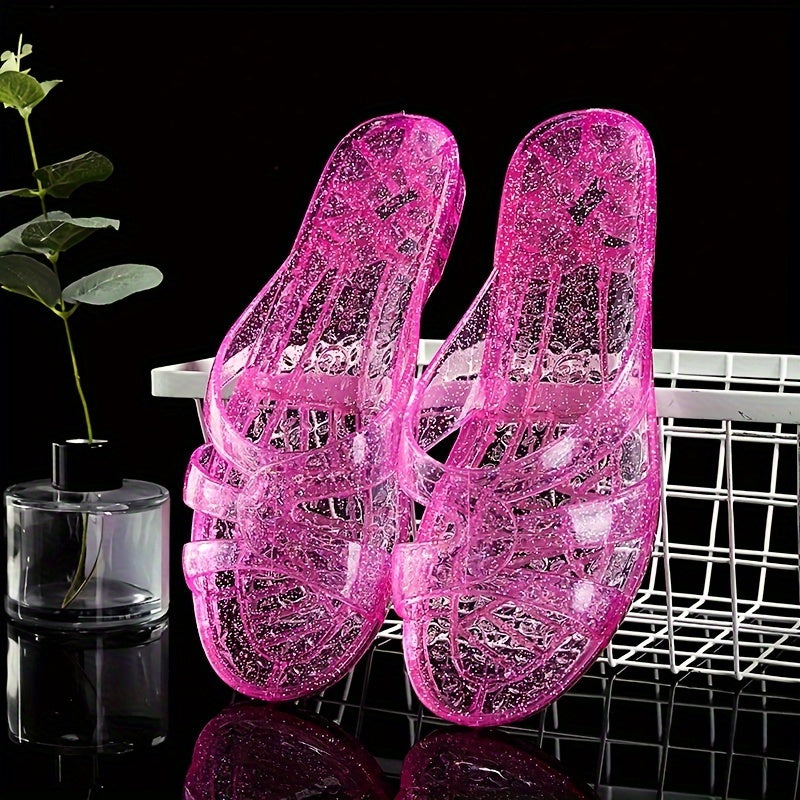 Women's Crystal Jelly Slides in Pink, Blue, & Brown with Sparkling Embellishments, Odor-Resistant, Easy to Clean, Suitable for Indoor/Outdoor Use.