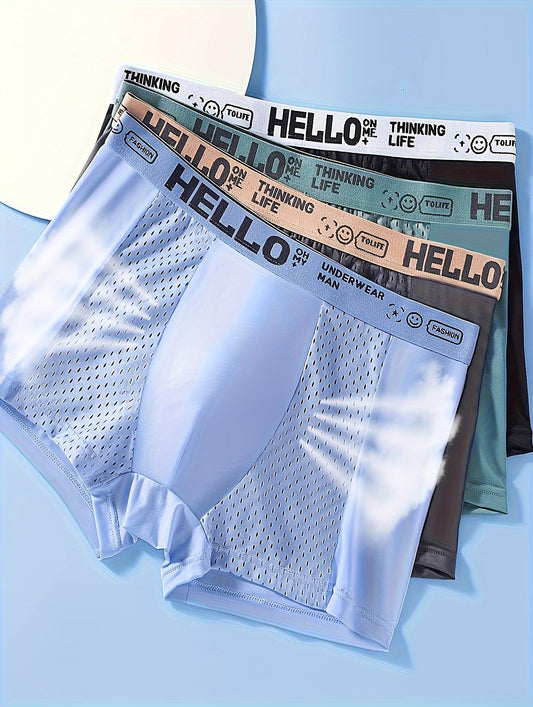 4pcs Men's 'Hello' Fashion Boxer Briefs - Mesh, Stretchy Blend, Machine Washable