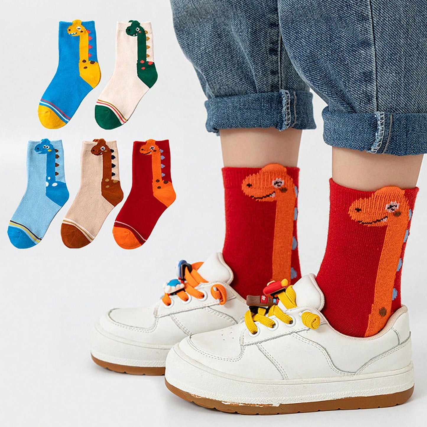 5pcs Kids' Dinosaur Crew Socks - Breathable & Comfy, Ideal for Boys and Girls, Year-Round Wear