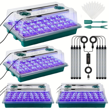 Seed germination kit with 4 trays, high dome, 160 cells, 8 LED lights, timer, 3 modes for home gardening and indoor greenhouse seedlings.