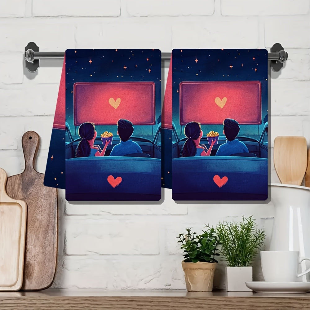 2 pieces of ultra soft kitchen towels featuring a hand drawn illustration of a couple sitting in their car at a drive-in movie theater. They are watching a romantic film on the big screen while sharing a bucket of popcorn. The car's hood is decorated