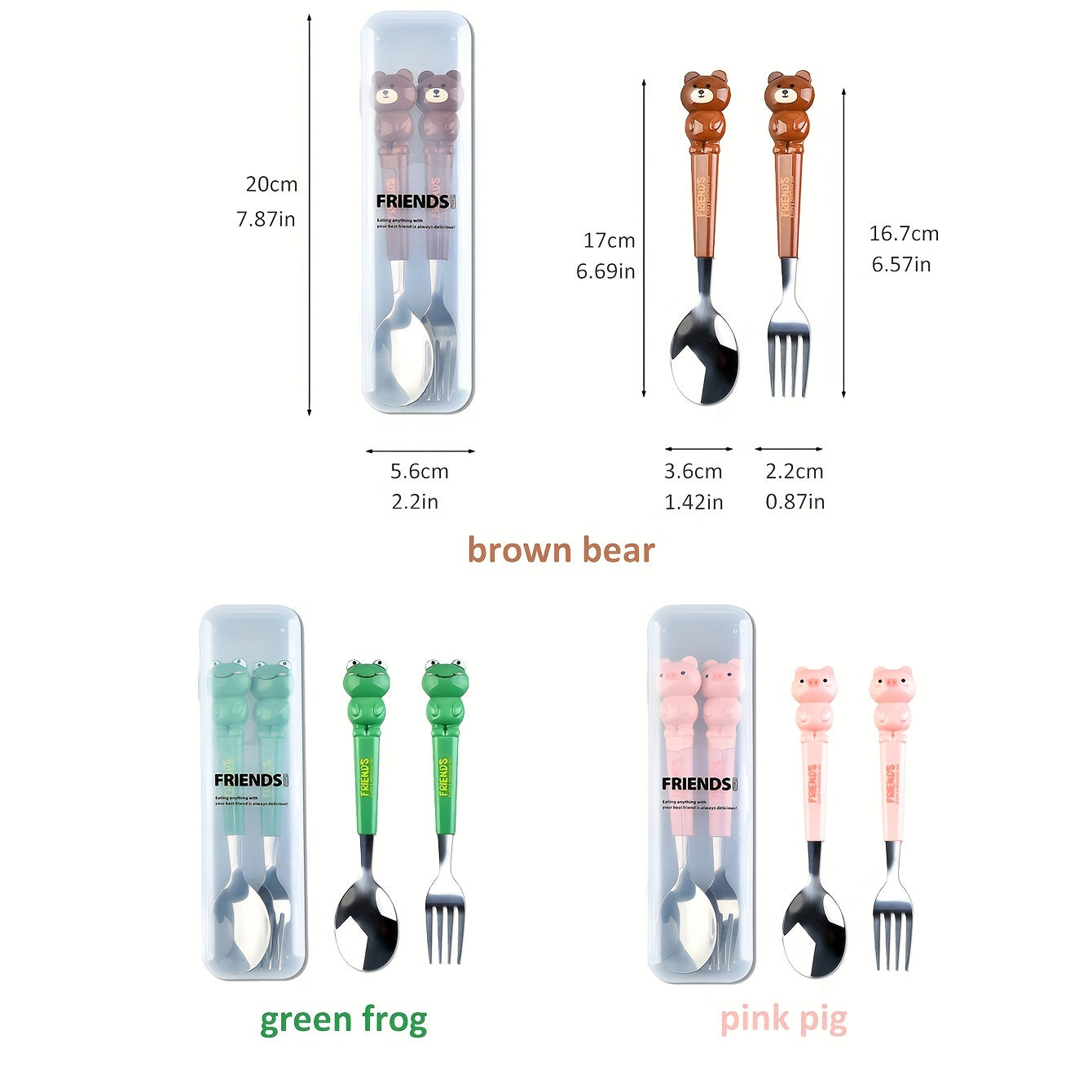 A set of 2 stainless steel utensils with cartoon design, stored in a reusable transparent case, perfect for home, school, or outdoor activities.