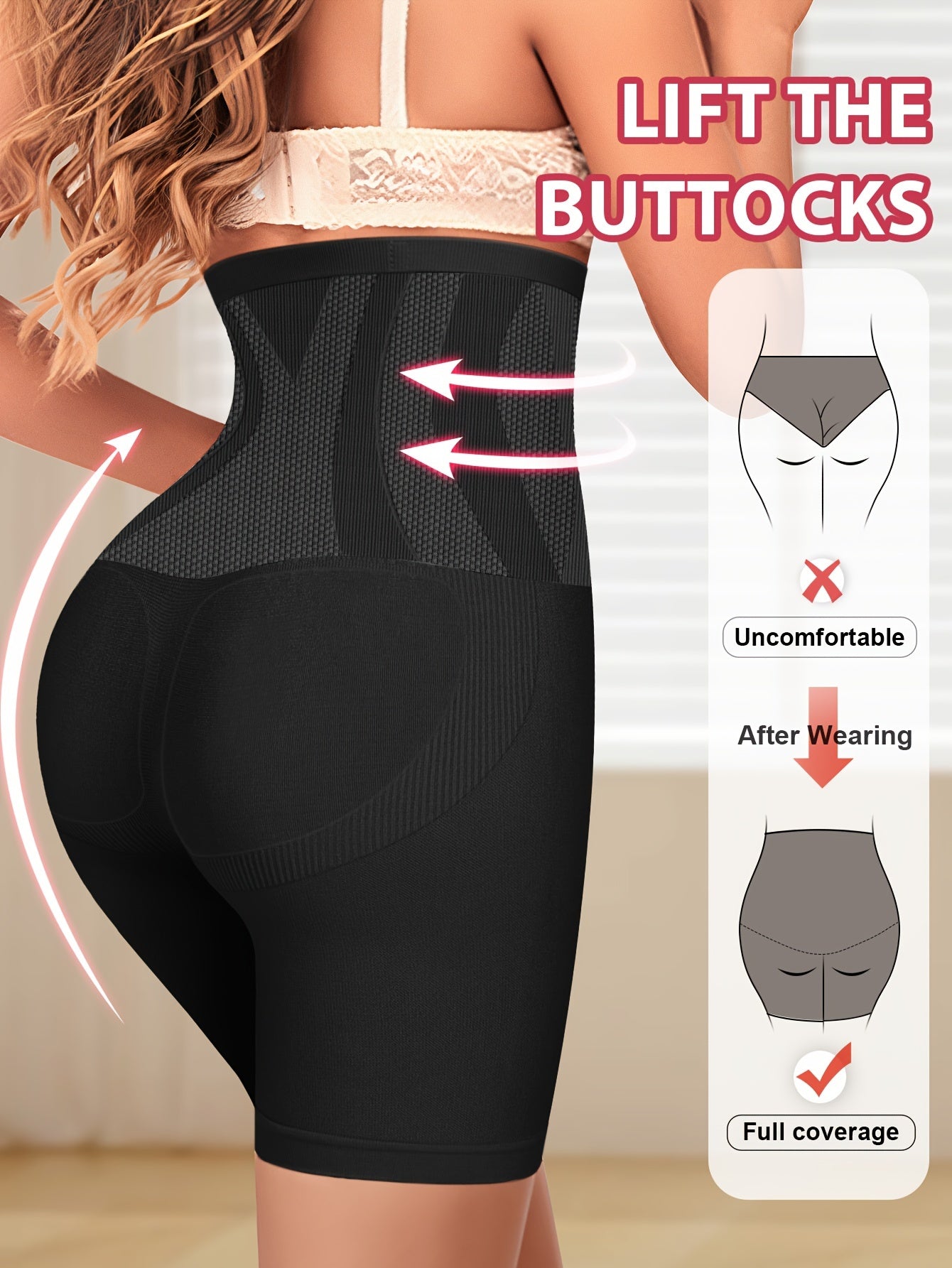 High-waist shapewear panties for women with tummy control, seamless design, butt lifting, nylon blend, hand washable.