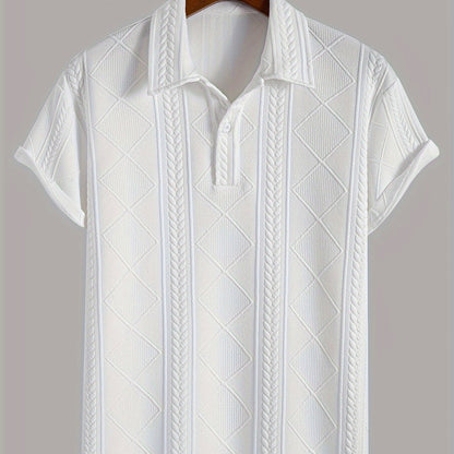 Casual and chic men's shirt with geometric pattern, lapel collar, and short sleeves, made of pure cotton knit fabric for summer wear.