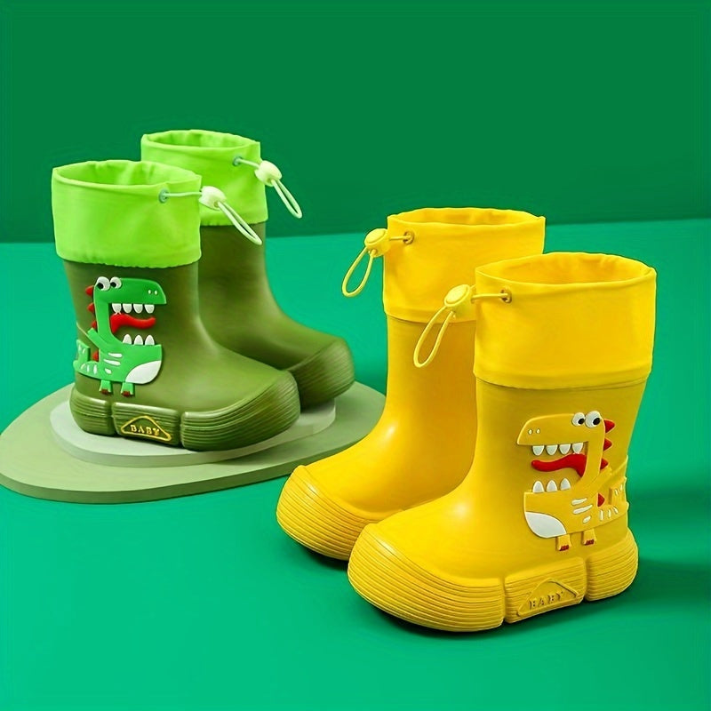 Children's waterproof rain boots featuring adorable cartoon dinosaur and panda designs, with soft, anti-slip soles for both boys and girls.